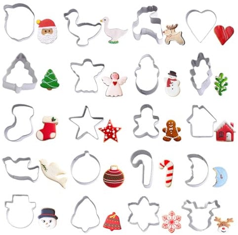 Juego de 20 mini cortadores de galletas de Navidad de acero inoxidable con muñeco de jengibre, árbol de nieve, copo de nieve, caña de azúcar, Papá Noel, muñeco de nieve, reno y mucho más