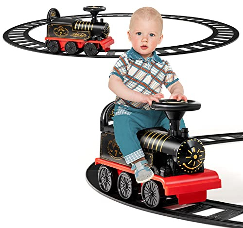 GYMAX Ride On Train with Tracks, 6V Kids Electric Car with Storage Seat, Music & Lights, Toddler Battery Powered Ride On Toy for 3 Years Old+ Boys Girls (Black)