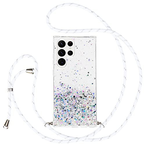 Pepmune Handyband Kompatibel mit Samsung Galaxy S23 Ultra 5G Hülle mit Band Glitzer Transparent Case Kameraschutz Silikon Schutzhülle mit Kordel zum Umhängen Mädchen Handyhülle für Samsung S23 Ultra