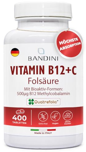 Bandini® | Vitamin B12, C & Folic Acid | 400 Vegan Tablets, 13+ Months Supply | 500 mcg Methylcobalamin B 12, 200µg Folic Acid Quatrefolic®, 80mg VIT C | Iron Absorption,Tiredness, Fatigue, Immunity