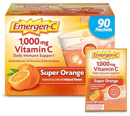 Emergen-C 1000mg Vitamin C Powder for Daily Immune Support Caffeine Free Vitamin C Supplements with Zinc and Manganese, B Vitamins and Electrolytes, Super Orange Flavor - 90 Count/3 Month Supply