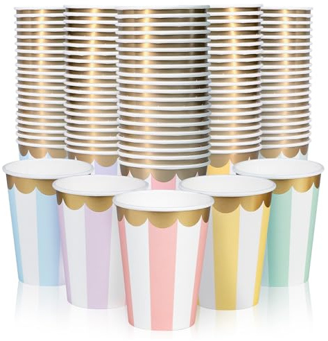 Confettiville Disposable Paper Coffee Cups, Bulk 100 Pack, 5 Striped Pastel Colorways, Scalloped Gold Foil Details, Leak-Resistant, 12 oz Hot and Cold Cups for Restaurants and Parties