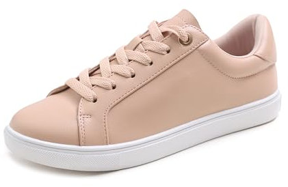 Feversole Women's Light Weight Lace-Up Sneaker,Sneakers Stringate in Pelle PU da Donna Nudo Suola Bianca Occhiello Grande 39