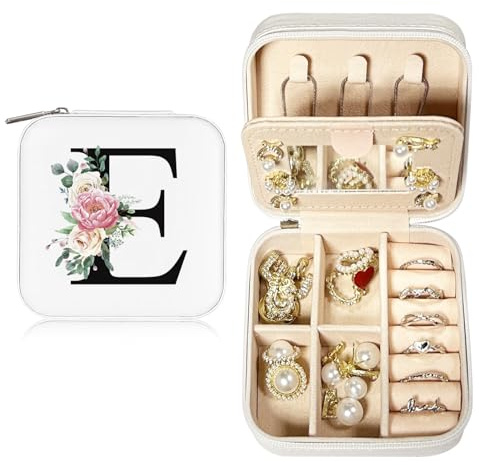 JEKUGOT Personalised Travel jewellery box,Alphabet Jewellery Organiser,Small Travel Jewellery Storage Case with Mirror,Portable Jewellery Box,Birthday Gift for Women,Mothers Day Valentines Day Gift(E)