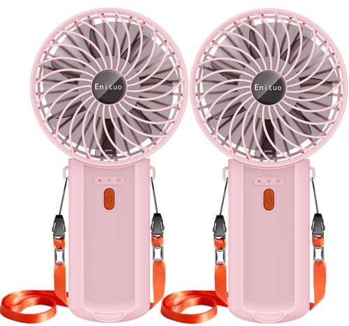 Enituo 2er-Pack Handventilator Tragbarer, USB Wiederaufladbar Mini Ventilator, 180° Faltbarer Tischventilator mit 4 Windgeschwindigkeiten, 6-15 Std. Laufzeit Ventilator Ideal für Reisen, Büro (Rosa)