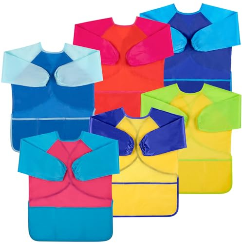 Bouiexye 6 Pack Kids Art Smocks Water-Resistant Toddler Paint Smocks Kids Painting Aprons with Long Sleeve 3 Pockets for Age 2-8 Years, Art Craft, Painting, Baking, Cooking (6 Colors)