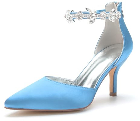Damen Stiletto High Heels Mit Strass Sexy Spitz Geschlossen Zehen Satin Pumps Knöchelriemen Sandalen Für Party Hochzeit Braut,Sky Blue,39 EU