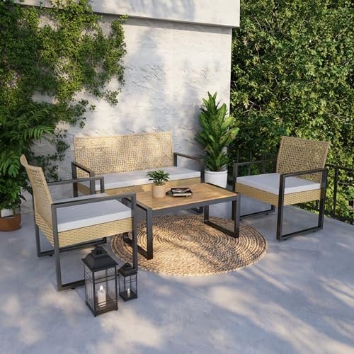 casa.pro Set Mobili da Giardino Tavolino con Piano in Legno 2 Poltrone e Divano in Polyrattan con Cuscini Arredo da Esterno Set Salottino da Patio Balcone Terrazzo - Nero/Beige
