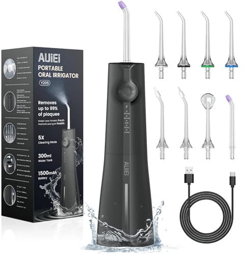 AUIEI Irrigador Dental, Irrigador Bucal Portatil Inalámbrico Profesional 8 Boquillas 5 Modos, USB Recargable Para Limpieza de Dientes, IPX7 Impermeable 300ML, Para Hogar y Viajes (Negro)