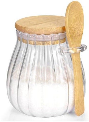Knnuey Zuccheriera con coperchio in bambù e zuccheriera in vetro per accessori bar caffè, caffettiera da cucina, 600 ml