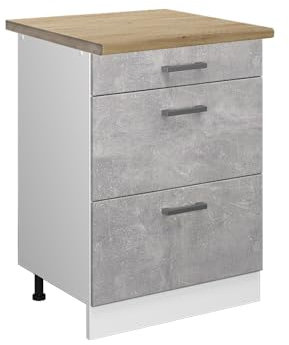 Vicco Küchenunterschrank R-Line, Beton/Weiß, 60 cm mit Schubladen, AP Eiche