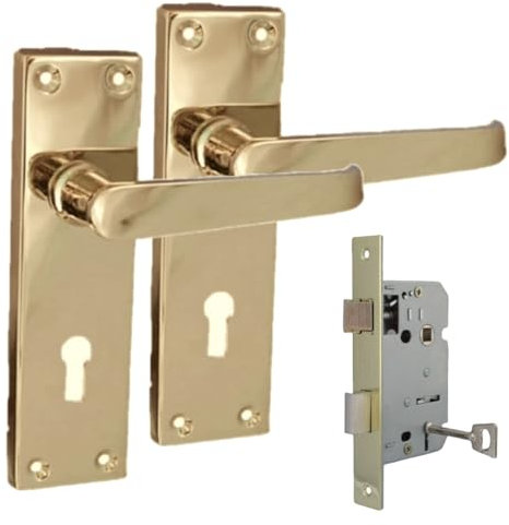 Brass Door Handles Interior Door Lock Handles - Victorian Straight Lock Handles, Brass Door Handles, Back Plate, 150 x 42mm (1 Pair of Lock Handles + 3 Lever SASH Lock)