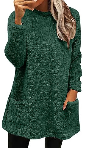 Generisch Damen Pullover Lang Teddy Fleece Flauschig Pulli Weich Winter Warm Sweatshirt Langarm Fleecepulli Plüsch Tops Oberteile Mit Taschen Black Friday Angebote 2024