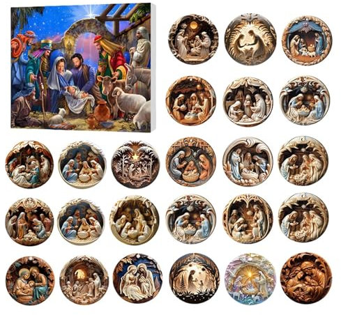 Krippen Adventskalender 2024, Jesus Krippen Adventskalender mit 24 Stück Krippen Christbaumschmuck, Die Geburt Jesu 2D-Acryl Ornamente für Weihnachtsbaumdekoration, Weihnachtskalender 2024