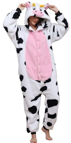 Lath.Pin, Pyjama, Panda-Einteiler, Uni, für Erwachsene, Tier-Overall, Cosplay, Halloween, Karneval, Damen, Tierkostüm, Winter, Kuh, XL