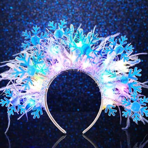 Evlry Serre-tête de Noël LED en forme de flocon de neige - Bandeau à plumes lumineux - Accessoire de cheveux pour femme