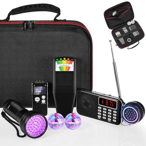 Dunzy 8-teiliges Geisterjagdausrüstungs-Set, enthält 1 Emf-Meter, 1 Geisterjagd-Forschungskoffer, 1 Sprachrekorder, 1 Taschenlampe, 1 Lautsprecher, 2 bewegliche Katzenbälle und 1 FM-Radio (EMF-Meter 1