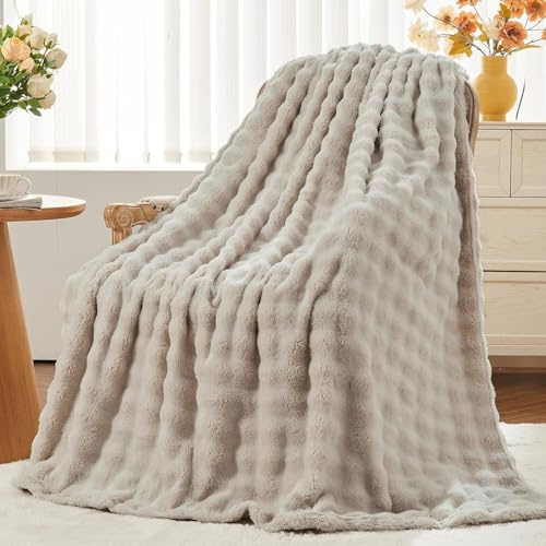 Wajade Fluffy Flannel Blanket Linen Faux Fur Bed Throw Super Soft Warm Large Blanket for Bed Sofa Car, 127X153CM