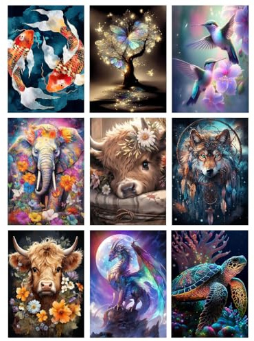 9 Pack Animal Diamond Painting Kits for Adults 5D Elephant Cow Diamond Art Kit Paint by Number for Beginners, DIY Dragon Round Full Drill Diamond Painting Gem Art for Home Wall Decor Gift (12X16 In)