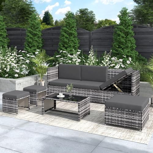 Jtyca Garden Furniture Set, Outdoor Furniture for 5-6 Persons, Ratten Sofa, Table and Chairs Set, Galvanized Iron Frame, 5 Piece Garden Sofa, Grey