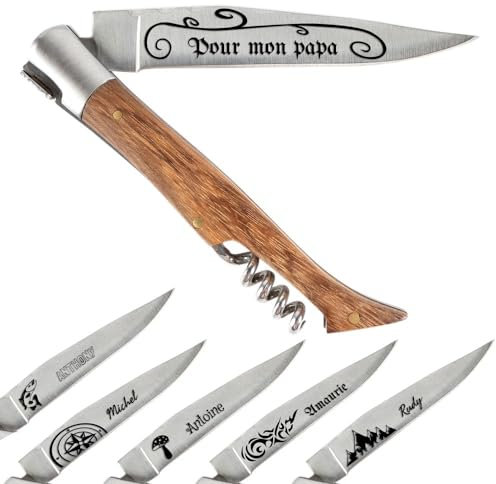 Couteau de poche personnalisé gravé – Couteau de poche avec tire bouchon, manche en frêne et gravure texte – Cadeau personnalisé homme fête des pères, anniversaire ou Noel