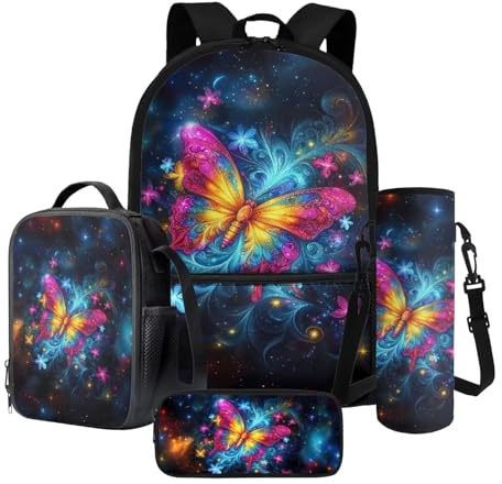 LACIYISON Ensemble sac à dos de 43,2 cm avec sac à déjeuner, sacoche légère isotherme avec trousse à crayons et sac de transport pour bouteille d'eau, Vintage Papillon Floral Galaxie Star Glitter
