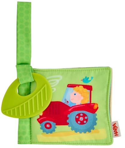 HABA Buggybuch Bauernhof – Baby-Stoffbuch mit Beißelement und Klettschlaufe, Waschbar bei 30 °C, Quietsch- und Knisterfolie, für Kinder ab 6 Monaten – 2012328001