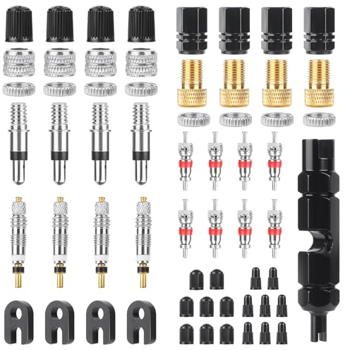 Seconero 49 Pièces Presta Valve Cores Obus, Valve Presta Set avec Demonte Obus Valves, Adaptateur Valves Velo, pour Vélos/Motos/Voitures