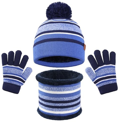 Icegrey Winter Mütze Kinder Loop Schal Handschuhe Set, Warm Bommelmütze Strickmütze Thermo Schlauchschal Strickhandschuhe für 4-10 Jahre Jungen Mädchen