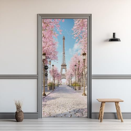 Türaufkleber Eiffelturm 3D, Türtapete Selbstklebend Straßen Von Paris Blumen, Fototapete Türfolie Poster Tapete, Wasserfest PVC Türposter Deko 77 x 200 cm