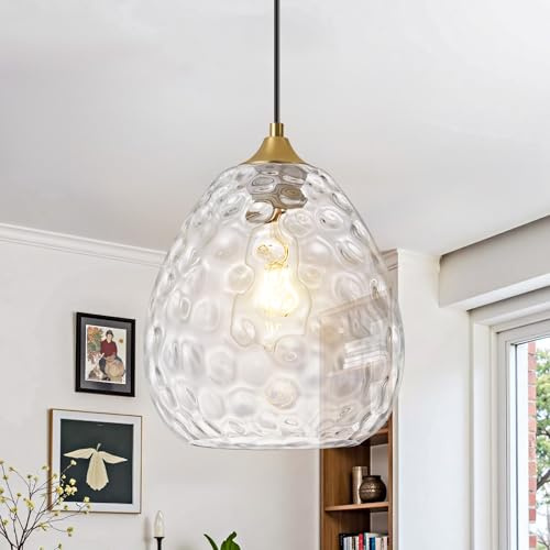 Actask Große Pendelleuchte Esstisch Ø28cm Modern Hängeleuchte Wohnzimmer | Höhenverstellbare Hängeleuchte mit Gehämmertem Glasschirm, E27 Sockel Gold Deckenleuchte für Wohnzimmer Esszimmer Küche