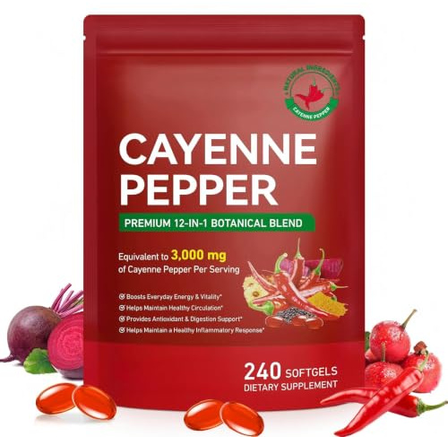 Cayenne Pepper Softgels Supplement with Turmeric Curcumin & Beet Root Hawthorn Extract, 240 Capsules Serving with Vitamins D3, K2 & E, Supports Heart Health, Circulation & Leg Vein Wellness