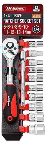 Hi-Spec 12pc 1/4 inch Metric Socket Set with Ratchet Wrench & Extension Bar. Home DIY and Car Garage Mechanic 5 to 14mm Ratchet Socket Tool Set