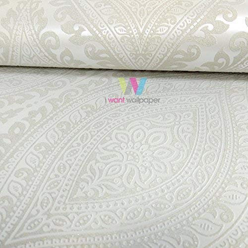 Grandeco Kismet Damask Pattern Wallpaper Metallic Glitter Motif Art Deco (Cream A17701)
