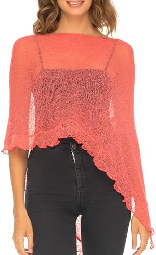 SHU-SHI, donne - Top in maglione con volant in maglia leggera e coprispalle con poncho trasparente Corallo