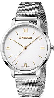WENGER Damen Armbanduhr Metropolitan Donnissima Ø 38 mm, Swiss Made, Analog Quarz, Wasserdicht bis 100 m, Mesh-Armband, Silberweiß/Silber, 01.1731.104