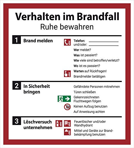 Schild Aushang Verhalten im Brandfall, 18x20cm, mit UV-Schutz, PVC-Aufkleber, ISO 7010, Betriebsaushang Notfallplan Dreifke®
