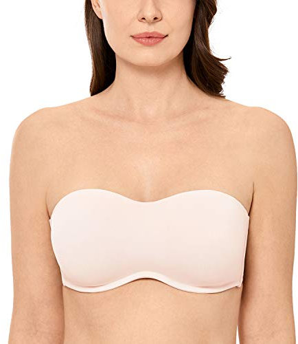 DELIMIRA Soutien Gorge sans Bretelles Grande Taille Invisible avec Armature Bandeau Minimiseur sans Rembourrage Rose Blanc 95D