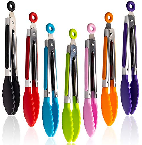 Lot de 7 pinces de cuisine de 17,8 cm avec poignées en silicone en acier inoxydable et embouts en nylon résistantes à la chaleur pour cuisiner, servir, barbecue, griller, salade et plus encore
