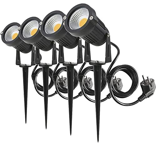 aulyun 4er Set 5W LED Strahler mit Erdspieß, 1.5m Kabel mit Stecker, Led Garten Beleuchtung, Gartenleuchte Gartenstrahler Rasenstrahler IP65 Wasserdicht für Outdoor Hof Rasen