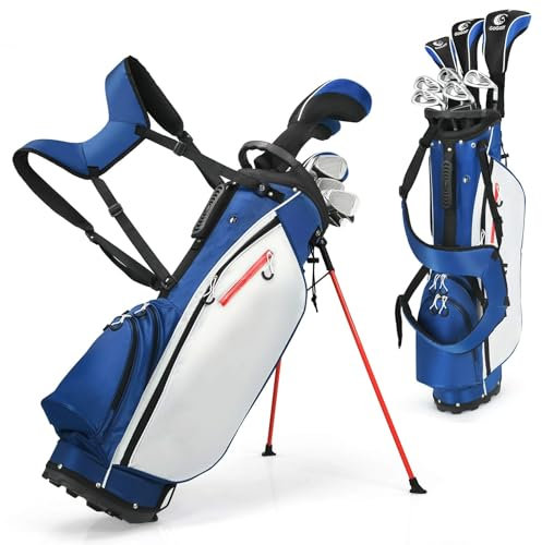 COSTWAY Men's Golf Clubs Package Set with Alloy Driver, 3# Fairway Wood, 4# Hybrid, 6-9# & P Irons, Putter and Stand Bag, Right Hand (Blue+White)