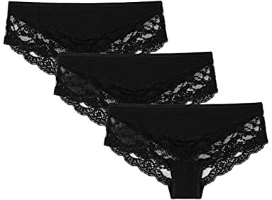 Snocks 3er Pack Hipster Lace - Damen Baumwolle Panties mit Spitze - Unterhose Damen Slip - Gr. S - Farbe Mix (Apricot/Grün/Schwarz)