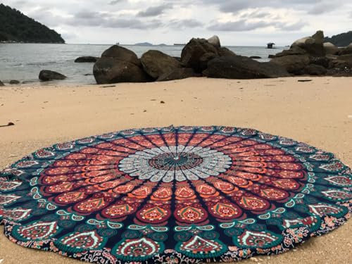 raajsee Mandala-Wandteppich für den Strand, Hippie/Boho-Mandala, Stranddecke, rund, indische Baumwolle, Bohemian-Stil, runde Tischdecke, Heimdekor, Picknick-Teppich, 127.7 cm Kreis