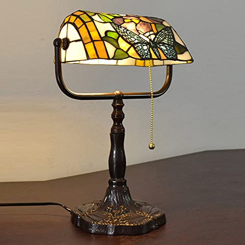 AIBOTY Tiffany Style Bankers Tischlampe, Buntglas Schmetterlings-Design Tischschreibtisch Leichte Vintage-Look-Bunte Akzent-Dekor Für Schlafzimmer-Bett-Büro,Reißverschlussschalter,Legierungsbasis,A
