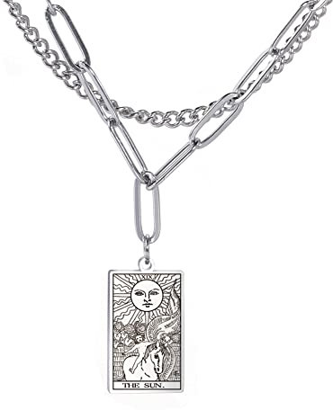 Amaxer Rider Waite Tarot Karte Halskette Retro Lucky Amulett Charm Anhänger Edelstahl Vintage Schmuck (XIX-The Sun-Silver)