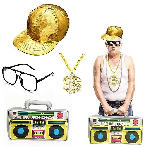 Hip Hop Kostüm, 90s Rapper Zubehör, Hut Sonnenbrille Gold Kette, für Partys, Rap-Konzerte und andere Outdoor-Aktivitäten