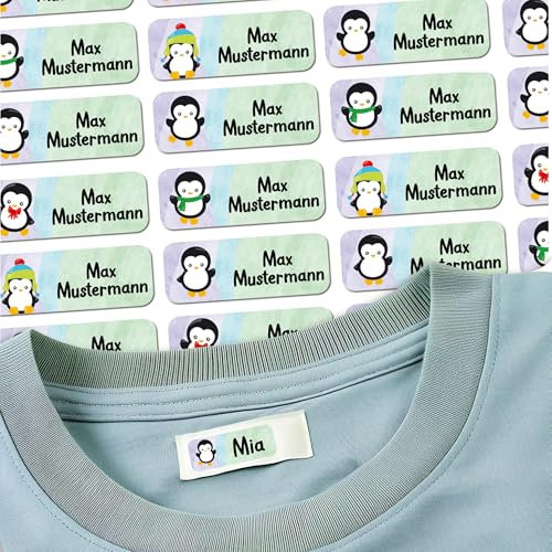 Sunnywall® 37 Selbstklebende Namensschilder & Namensaufkleber für Kleidung & Gegenstände - Waschmaschinenfest | Ideal für Kinder, Schule und Kita (3,8x1,4 cm) Pinguin