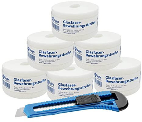 Rigips® Lot de 6 rouleaux de ruban d'étanchéité en fibre de verre - 50 mm x 25 m - Avec cutter