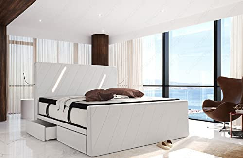 Sofa Dreams Boxspringbett Toulon Lederbett Gestell in Leder mit Hotelmatratze Stauraum LED Licht 140x200 160x200 180x200 200x200 200x220 (200 x 200 cm, Weiß)