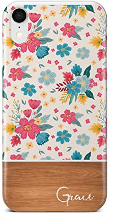 iCaseDesigner Personalised Wood & Floral Leaf Pattern with Name Phone Case Compatible with iPhone XR. 6. Daisies on Cream